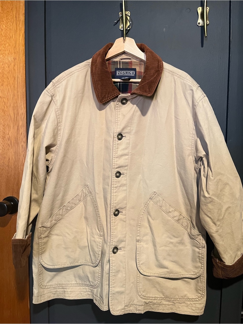 Vintage Lands End Barn Coat with Brown Corduroy Collar